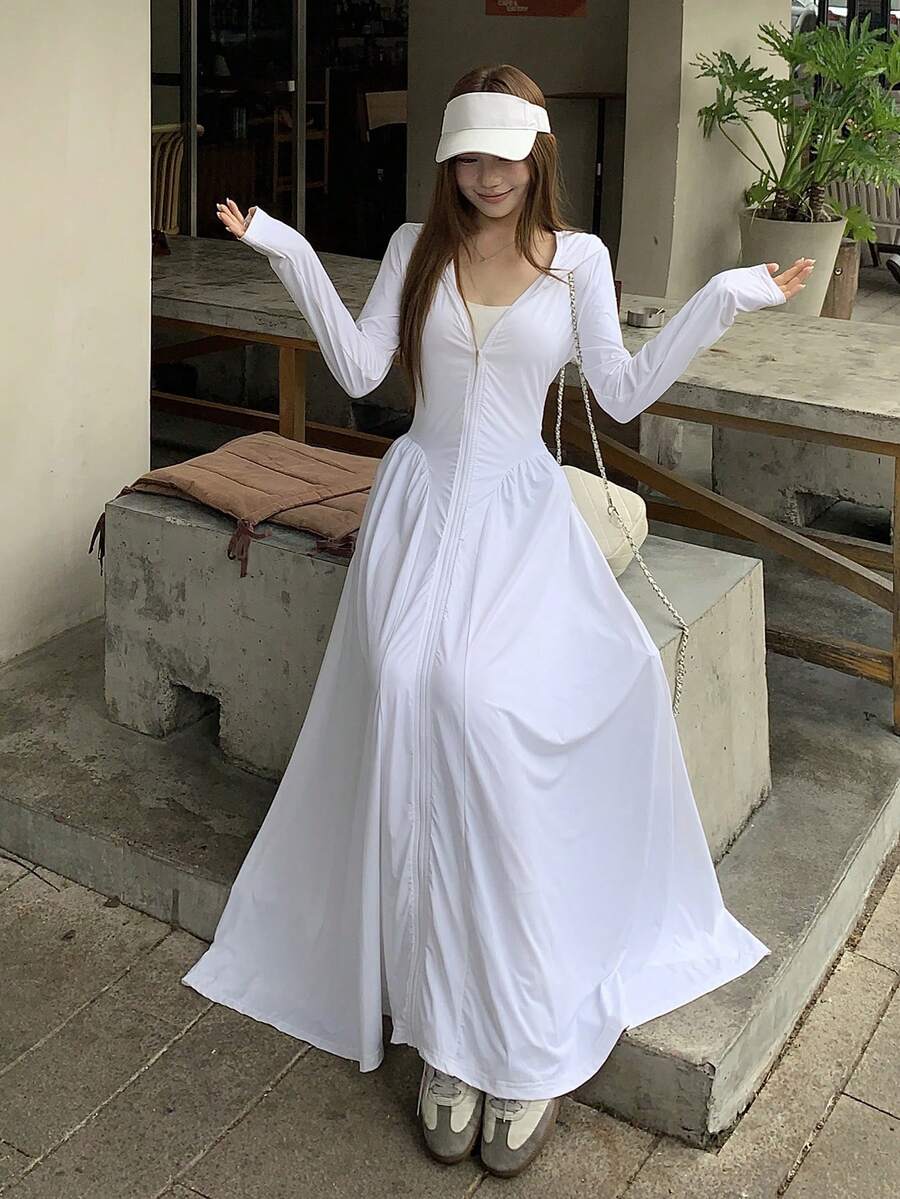 DAZY 女士长款连帽罩衫,休闲甜美文艺风,宽松版型,适合春、夏、秋季、海滩、度假穿着,轻便户外长袖外套 - 白色 - 查看 1