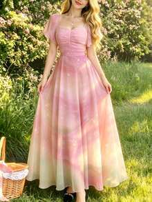 Modelyn Vestido con estampado de arte fluido degradado de morado-rosa y verde, diseño de cuello cuadrado con mangas con volantes, cintura ceñida, vestido largo y elegante, adecuado para vacaciones de verano y uso diario - Multicolor - Ver 1