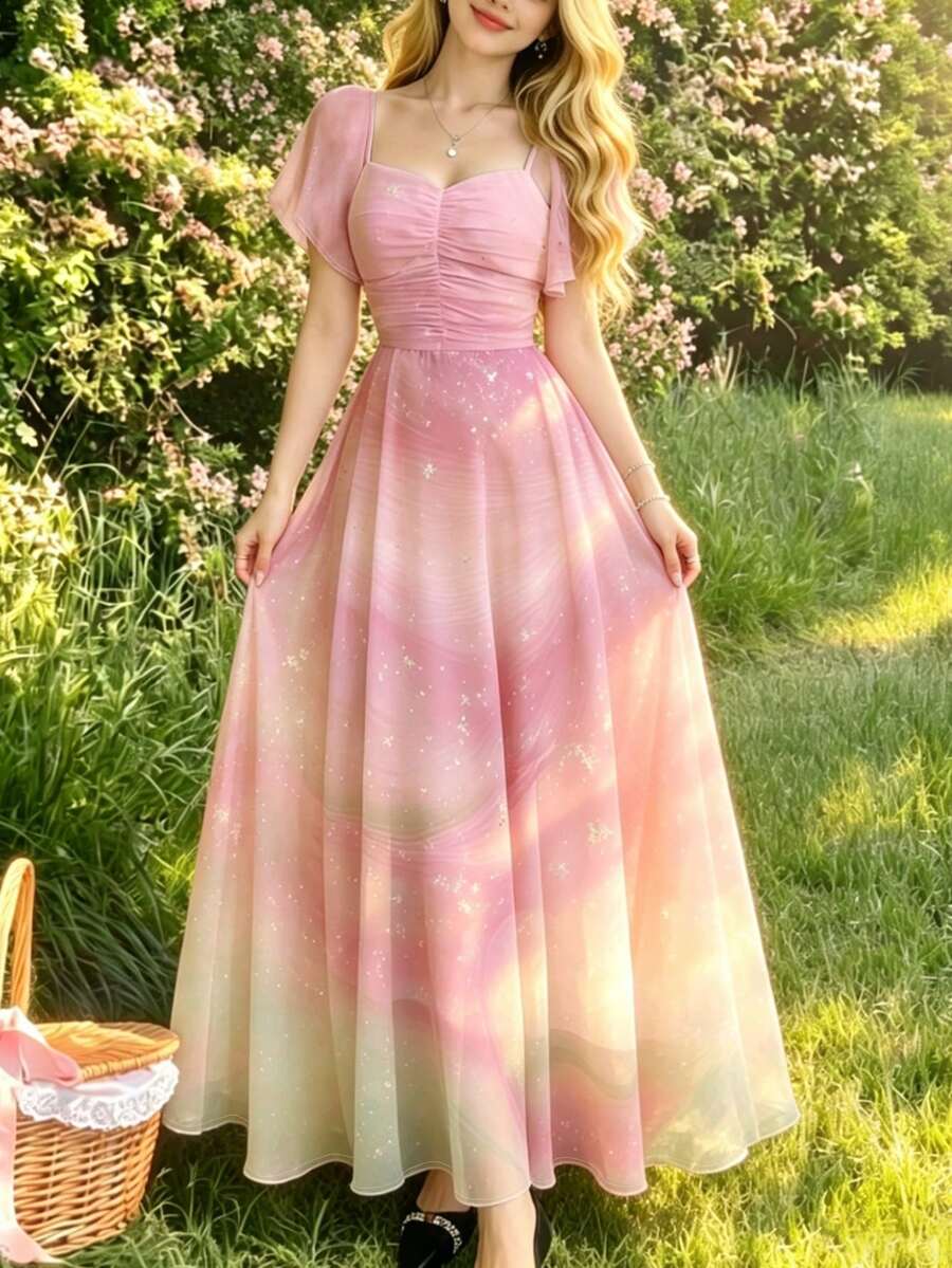 Modelyn Vestido con estampado de arte fluido degradado de morado-rosa y verde, diseño de cuello cuadrado con mangas con volantes, cintura ceñida, vestido largo y elegante, adecuado para vacaciones de verano y uso diario - Multicolor - Ver 1