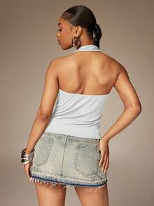 Denimoi Women's Asymmetric Metal Decor Solid Color Halter Top - White - View 5