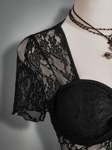 SHEIN ICON Áo ren tay ngắn buộc dây phía trước cổ vuông gợi cảm cỡ lớn, kiểu dáng cổ điển Y2K. - màu đen - Xem 12