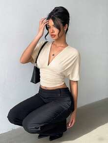 Aloruh Áo thun dệt kim tay cánh dơi cổ chữ V màu mơ, áo thun trơn dành cho người đi làm. - Màu be - Xem 5