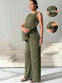 MaterniWear Bộ đồ cho bà bầu 2 món: Áo tank top gân màu trơn và quần dài cạp chun có thể điều chỉnh. - xanh quân đội - Xem 3