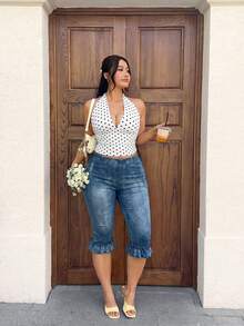 Quần legging lửng 3/4 in họa tiết giả denim dành cho nữ cỡ lớn - Nhiều màu - Xem 5