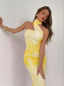 Aloruh Robe ajustée à col lavallière avec imprimé floral jaune pâle, élégante pour les vacances et les rendez-vous - Jaune citron - Voir 7