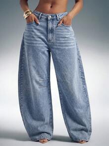 Denimoi Barrel Leg Adjustable Waist Jeans Barrel Jeans Fashionable Denim - Light Wash - View 3