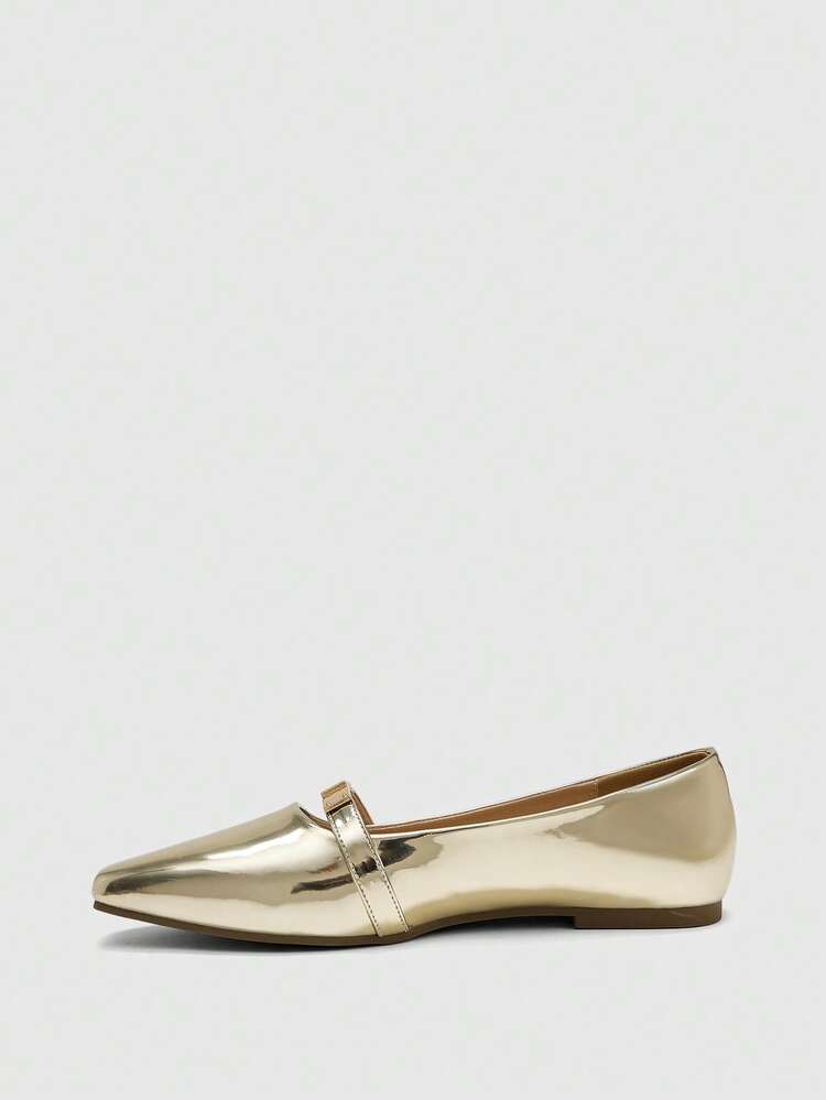 CUCCOO BIZCHIC Women Shoes Small Square Toe Flat Bottom Gold Mirror Metal Buckle Women's Low Vamp Flat Bottom Shoes Light And Comfortable Commuting Mary Jane With Skirt Women's Shoes