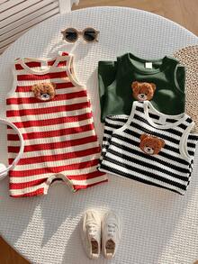 SHEIN Bộ 3 món quần áo trẻ sơ sinh unisex, áo liền quần không tay họa tiết gấu hoạt hình dễ thương mùa hè cho bé trai/bé gái, kẻ sọc. - Nhiều màu - Xem 6