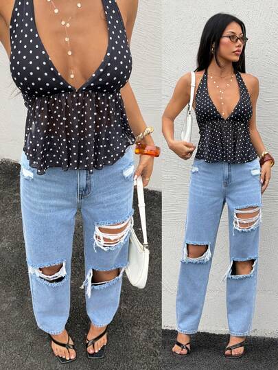 Rivivi 女士休闲街头风破洞毛边牛仔裤