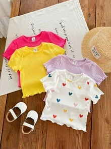 SHEIN 4pcs Baby Girl Solid Color Heart Pattern Knit T-Shirt Set - Multicolor - View 5