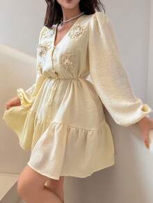 Feyla Women's Elegant Floral Print V-Neck Lantern Sleeve Tassel Belted Ruffle Hem Vacation Dress, Spring/Autumn - Yellow - View 3