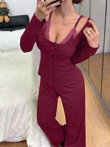 Dream Adore Spaghetti Strap Lace Patchwork 2 In 1 Cardigan & Pants Women Pajama Set - Burgundy - View 6