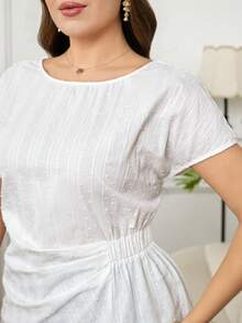 Reflora 大码女士优雅白色提花纯色修身衬衫，春夏女士优雅衬衫 - 白色 - 查看 7
