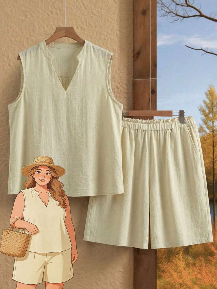 Plus Size Women Solid V-Neck Top And Shorts Casual Everyday Set Linen Short Sets For Women 2 Piece Set Summer Set For Woman Pijamas Summer Set For Woman Zoey Outfit Zip Up Top Zipper Top Zoo Outfits Women Linen Set Summer Linen Set Women Summer Outfit For Women Coords For Women Summer Outfit Linen Sets For Women Vacation