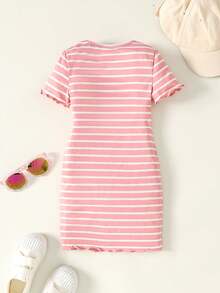 Rochie drăguță, casual, cu dungi roz și albe, croială strâmtă, cu decor cu inimă - Roz - Vizualizare 7