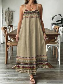 SHEIN VCAY Vestido de talla grande con patrón retro minimalista casual, adecuado para el verano - Multicolor - Ver 1