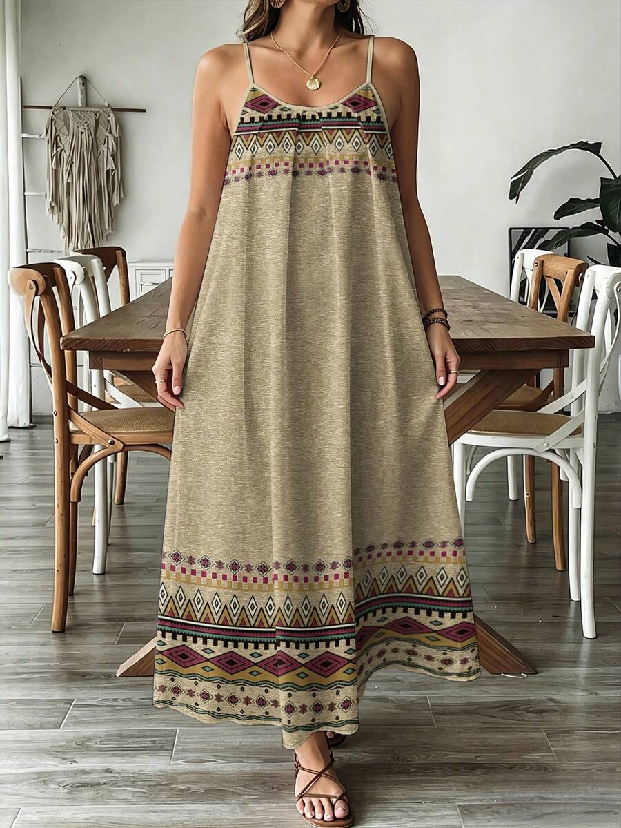 SHEIN VCAY Vestido de talla grande con patrón retro minimalista casual, adecuado para el verano - Multicolor - Ver 1