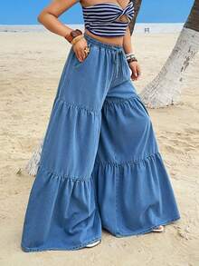 Sunnyshic Jeans de pierna ancha y cintura alta con pliegues para mujer, versátil y de moda, para el verano - Lavado ligero - Ver 3