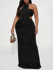 Slaydiva Women's Black,Autumn,Elegant,Formal,Evening,Night Out Club Long Dress,Halter Strappy Waist Back Exposed Hip Pleated Bohemian Cruise Party-A - Black - View 1