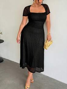 Firerie Plus Size Women's Knitted Textured A-Line Solid Color Jacquard Mesh Sexy Date Night Ruffle Side Long Dress - Black - View 6