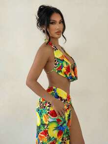 Swim SXY Falda de cintura alta con nudo retorcido con estampado de frutas tropicales y leopardo, falda ajustado con abertura, elegante para vacaciones, nuevo conjunto de alta gama para primavera/verano - Multicolor - Ver 3