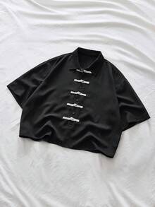 Manfinity RebelGame Men's Contrast Color Button Casual Versatile Black Short Sleeve Shirt - Black - View 2