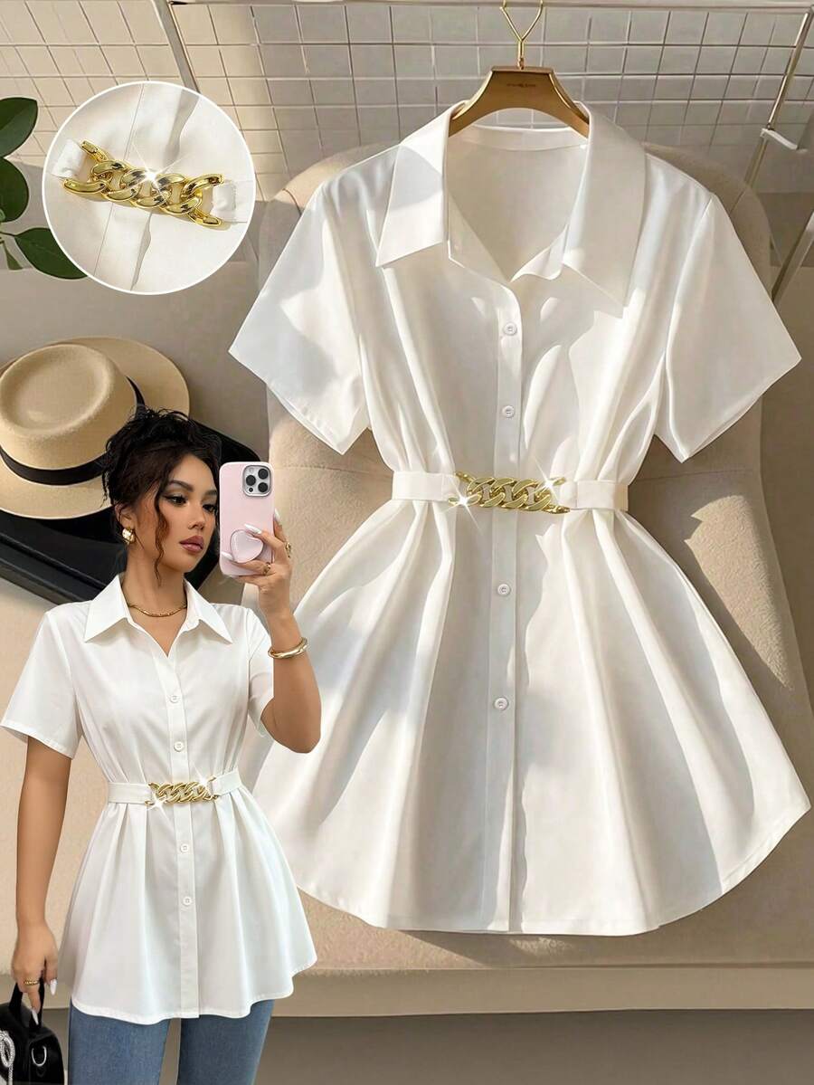 GlowEve Camisa de mujer de manga corta con cuello de camisa, diseño de empalme con botón metálico en la cintura, camisa blanca ajustada. Camisa casual de mujer de manga larga con decoración metálica, adecuada para uso casual, viajes, oficina, negocios, vacaciones de verano, playa. - Blanco - Ver 1