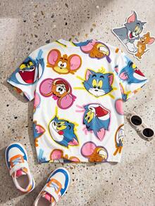 TOM & JERRY X SHEIN GraphicGems 少女短袖T恤，白色底色全印花卡通圖案，圓領短袖，適合夏季校園/戶外穿著 - 白色 - 查看 2