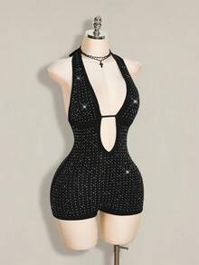 SHEIN ICON Mono ajustado con escote en V profundo, estampado de leopardo y espalda descubierta para mujer - Negro - Ver 9