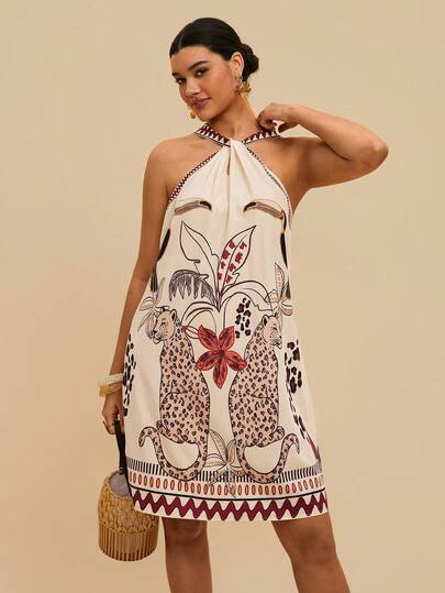 Travachic Plus Size Women's Sleeveless Loose Khaki Tropical Plant Print Dress, Spring/Summer Vacation Beach Holiday Dresses For Women Summer Outfits For Women Vacation Outfits Women Summer Dresses For Women Holiday Outfits For Women Beach Outfits For Women Women's Cruise Outfit