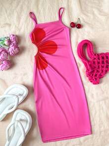 SHEIN 少女针织可爱碎花吊带修身连衣裙，适合日常、外出、聚会、节日、春夏季节穿着。 - 玫紅色 - 查看 6
