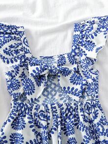 SHEIN Young Girl Ditsy Floral Ruffled Collar Casual Jumpsuit - Blue and White - View 4