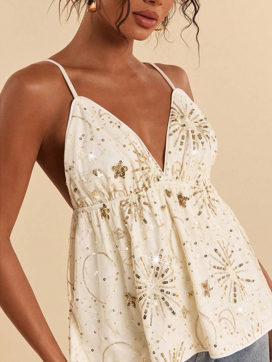 Travachic Women's Sequin Design Ruffle Hem Camisole - Beige - View 1