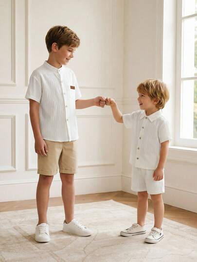 SHEIN Vacaura 2pcs/Set Tween BoyCommuter Casual Textured Striped Fabric Stand Collar Shirt & Striped Shorts, Comfortable & Fashionable White Shirt Boys Textured Shirt Boys Shirt White Short Sleeve Shirt