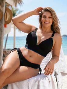 Swim Lushoire Conjunto de bikini con ribete de contraste talla grande, adecuado para la playa y vacaciones - Negro - Ver 7