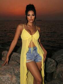 Swim SXY 2026 New Spring/Summer Sexy Romantic Vacation Style Chiffon Ruffle Tie-Up Slit Mid-Length Camisole Design, Spaghetti Strap Deep V-Neck With Front Drawstring Ruffle Splice Side Slit Chiffon Fabric Design, Fitted Mid-Length Style Women Camisole, Light Yellow Women Sexy Camisole - Light Yellow - View 7