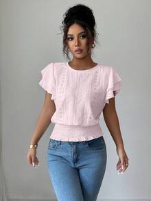 Selianne Áo thun nữ tay ngắn cổ tròn viền bèo nhún phong cách thường ngày đi nghỉ mát - Màu Hồng baby - Xem 3