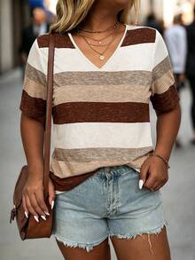 EMERY ROSE Plus-Size Women's Clothing: V-Neck Striped Casual & Comfortable T-Shirt - Multicolor - View 1