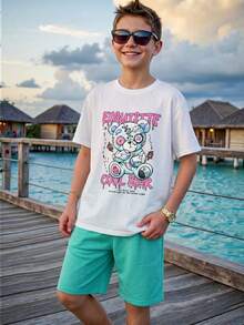 SHEIN 兒童青少年男孩可愛熊圖案印花白色圓領T恤與青色夏季純色短褲2件套,休閒城市度假舒適穿搭 - 藍色 - 查看 7