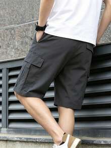 Manfinity Homme Celana Pendek Kargo Pria Musim Panas Kasual Gaya Jalanan dengan Saku Kancing Jepret - Dark Grey - View 2