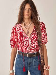 Camisa casual de mujer con estampado floral, camisa de mujer para vacaciones, camisa de verano de mujer, camisa elegante de mujer, camisa floral de mujer, camisa de conjunto de vacaciones de verano, camisa social de mujer - Rojo - Ver 4