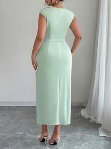 Elenzga Plus Size Women's Summer Sleeveless Square Neck Ruched Metal Buckle Slit Bodycon Dress, Commuting & Office Wear - Green - View 2