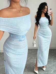 Modelyn Vestido midi elegante de mujer con hombros envueltos, tejido de parches, malla bordada con flores, adecuado para uso diario, reuniones y fiestas en primavera/verano. Vestidos largos, vestidos ajustados para damas. Último diseño de vestido de alta calidad. Vestido Zanea, vestido Yisikado, vestido elegante para mujer. - Azul - Ver 1
