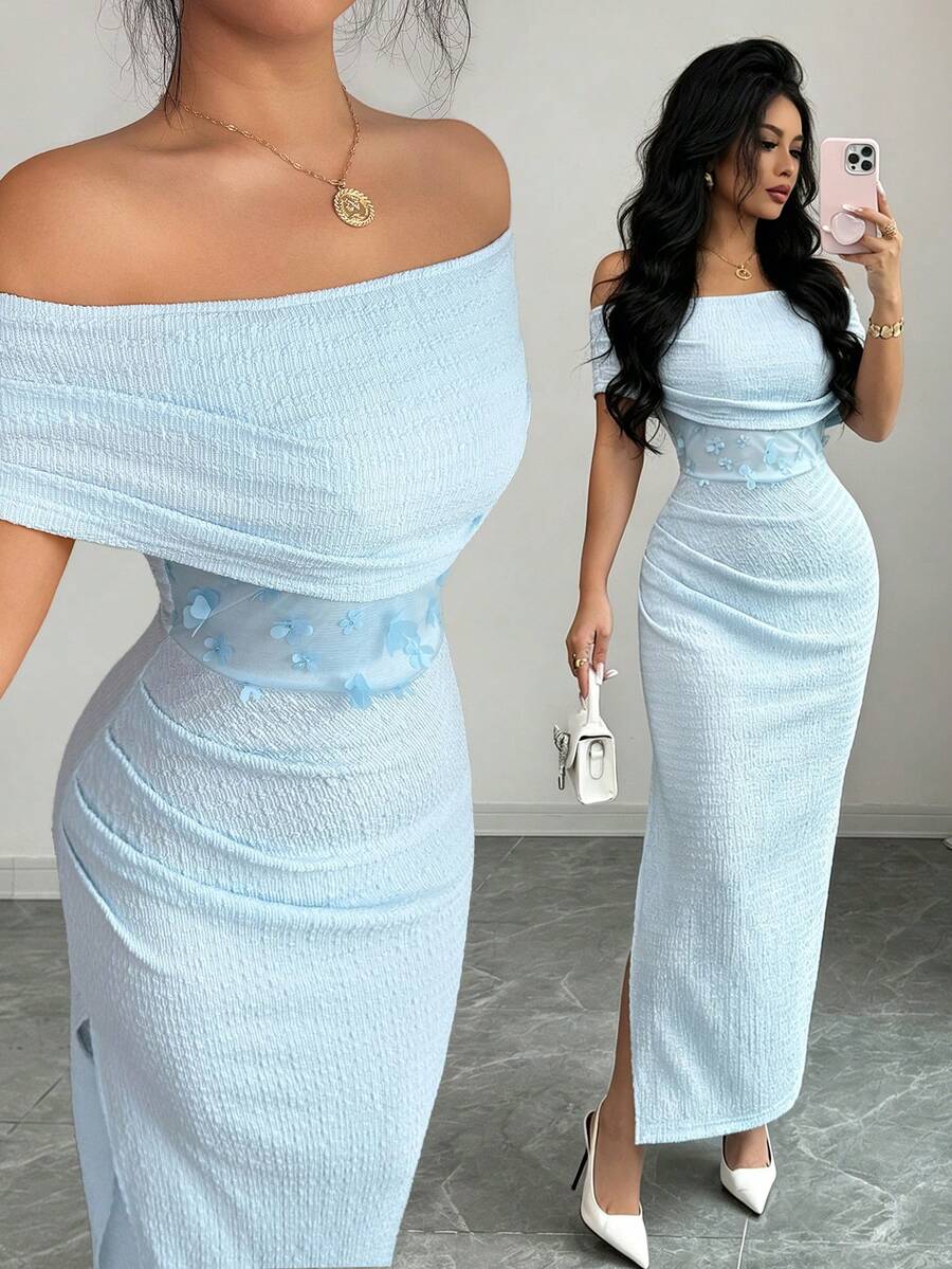 Modelyn Vestido midi elegante de mujer con hombros envueltos, tejido de parches, malla bordada con flores, adecuado para uso diario, reuniones y fiestas en primavera/verano. Vestidos largos, vestidos ajustados para damas. Último diseño de vestido de alta calidad. Vestido Zanea, vestido Yisikado, vestido elegante para mujer. - Azul - Ver 1