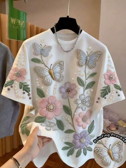 Franclia تي شيرت قصير الأكمام للنساء مطبوع بالفراشات والزهور، صيفي