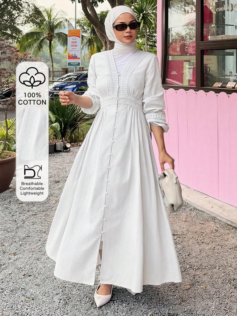 Đầm dài ngang gối cổ chữ V phối ren tinh tế dành cho nữ, thích hợp cho mùa xuân/hè. - trắng - Xem 1