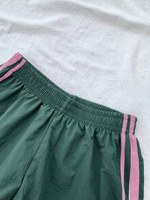 SHEIN 少女绿色拼接丝带休闲短裤 - 綠色 - 查看 4