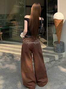 DAZY Women's Loose Embroidered Korean Style Washed Denim Jeans, Versatile For Spring And Summer - Coffee Brown - View 6