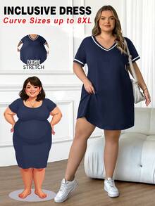 SHEIN CURVE+ Plus Size Women's Fashionable Casual V-Neck Contrasting Ribbon Black Knitted Dress - Navy Blue - View 10