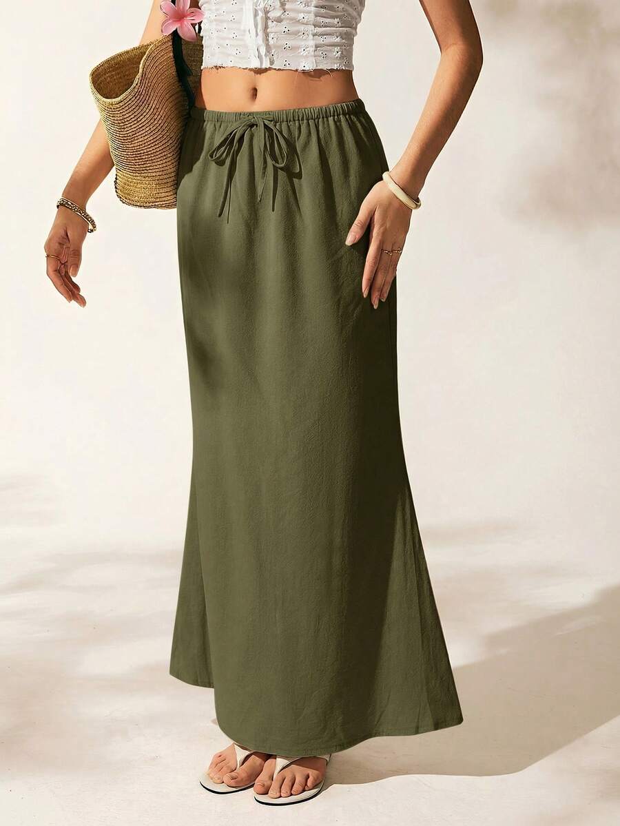 Women's Summer Solid Color Drawstring Waist Fishtail Skirt, Army Green - Army Green - View 1